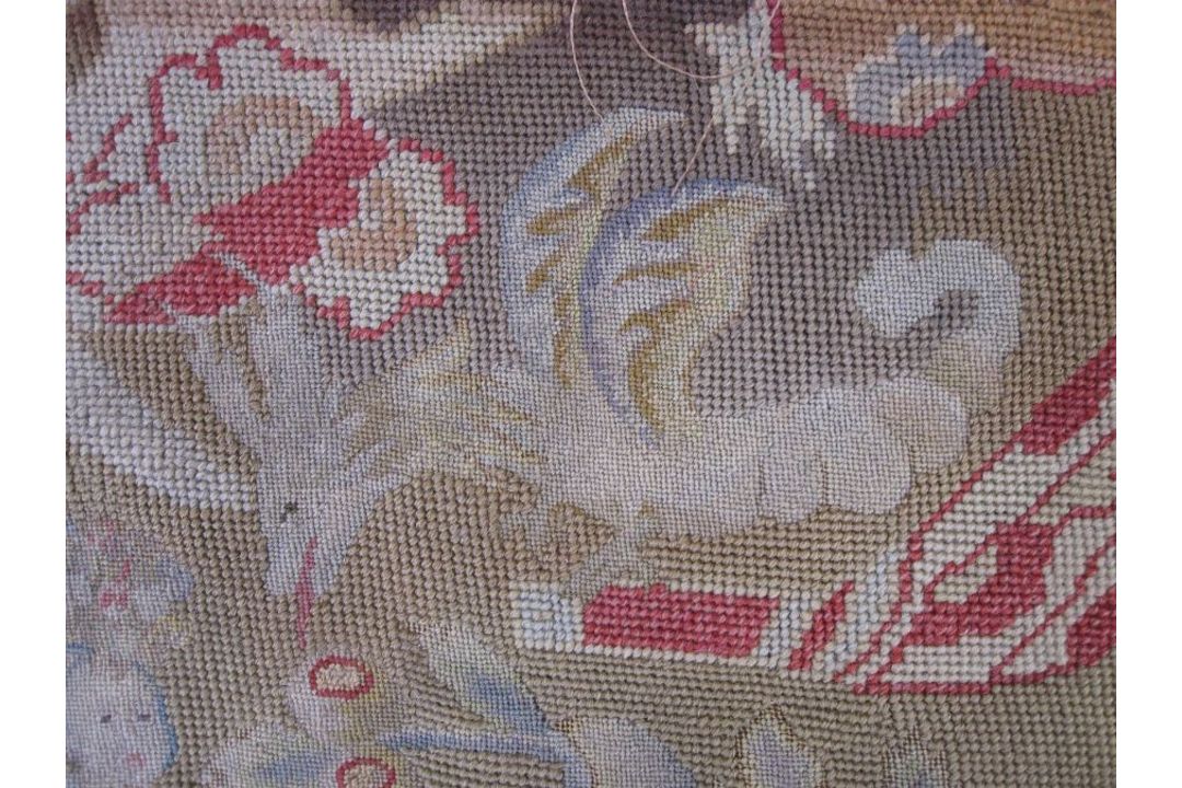 Mid-18th century antique needlepoint settee cover, depicting a noble lady and gentleman with two - Image 10 of 13