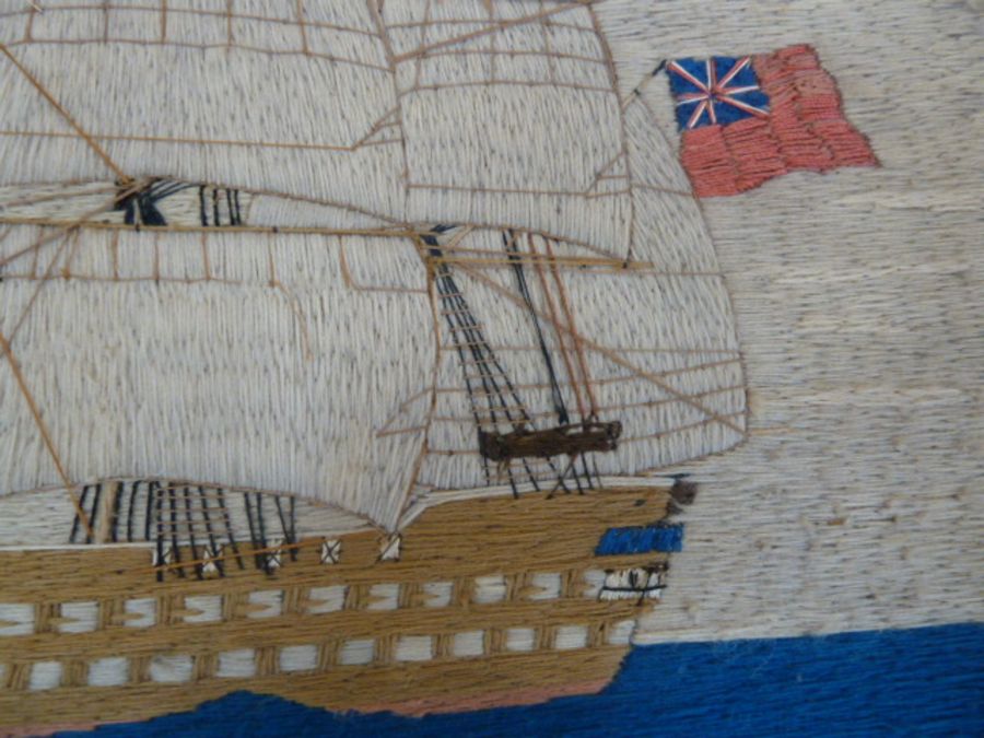 19th century mariner's woolwork picture showing a three-masted schooner in full sail, ensign - Image 3 of 9