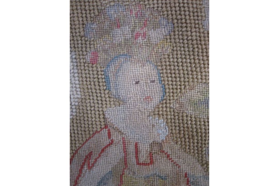 Mid-18th century antique needlepoint settee cover, depicting a noble lady and gentleman with two - Image 4 of 13