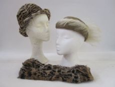 1950's feather hat in fawn and cream with raised feather detail, a vintage ocelot fur hat