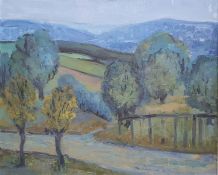 20th century continental school  Oil on canvas Countryside scene with pathway in blues and greens,