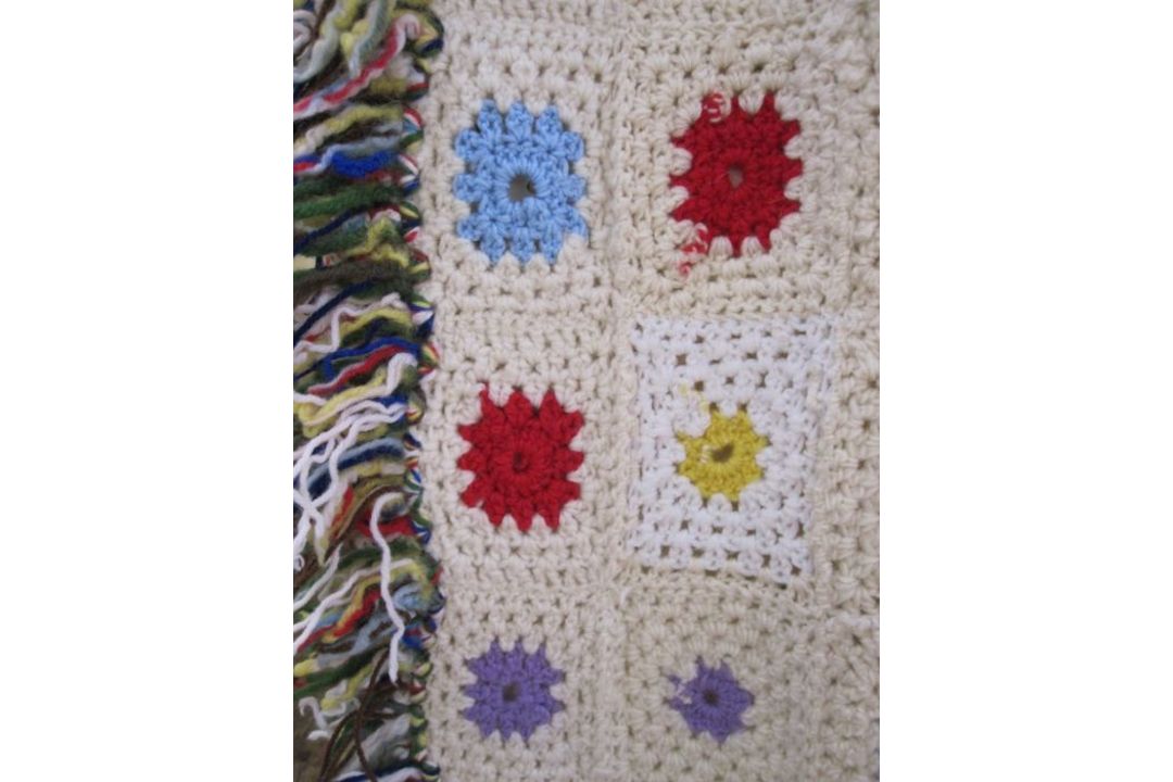 Vintage 1960's - 70's large crocheted blanket, coloured squares with fringe - Image 2 of 4