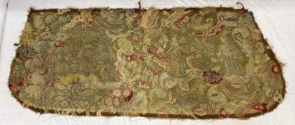 Mid-18th century antique needlepoint settee cover, depicting a noble lady and gentleman with two