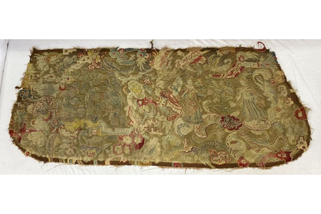 Mid-18th century antique needlepoint settee cover, depicting a noble lady and gentleman with two - Image 1 of 13
