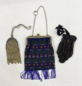 Edwardian beaded evening bag with blue beaded tassels (some missing), fixed metal frame with chain