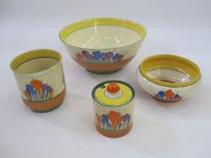 Quantity of Clarice Cliff 'Autumn Crocus' pattern to include bowl 20.5cm diameter, cylindrical jam