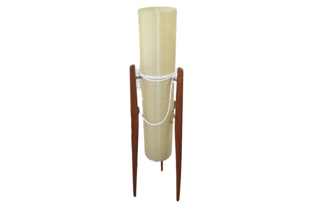 Mid-century Rocket floor lamp possibly by Novoplast, teak tripod frame with fiberglass shade, - Image 1 of 6