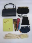 Pleated chiffon evening bag with bead decoration, a 1940's evening bag fitted four compact powder,