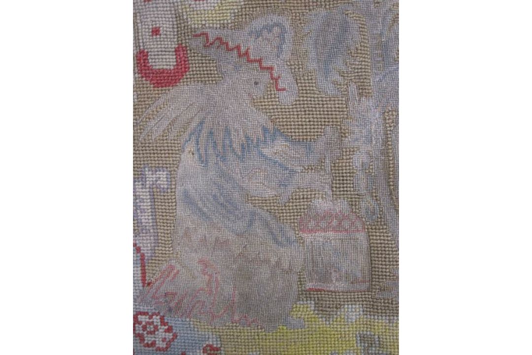Mid-18th century antique needlepoint settee cover, depicting a noble lady and gentleman with two - Image 7 of 13