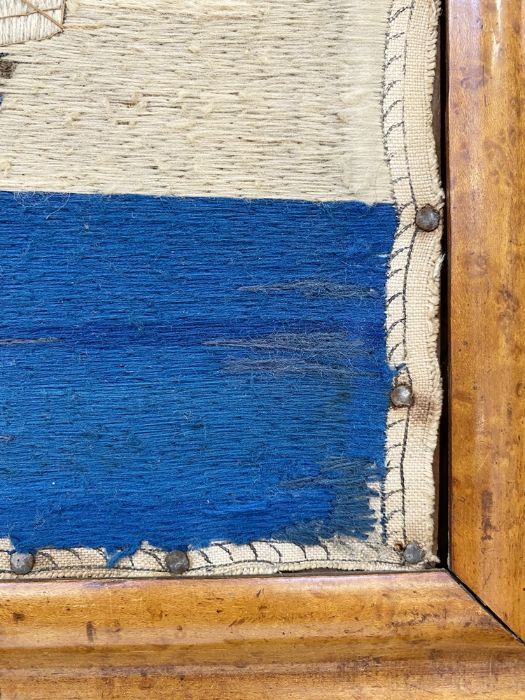 19th century mariner's woolwork picture showing a three-masted schooner in full sail, ensign - Image 7 of 9