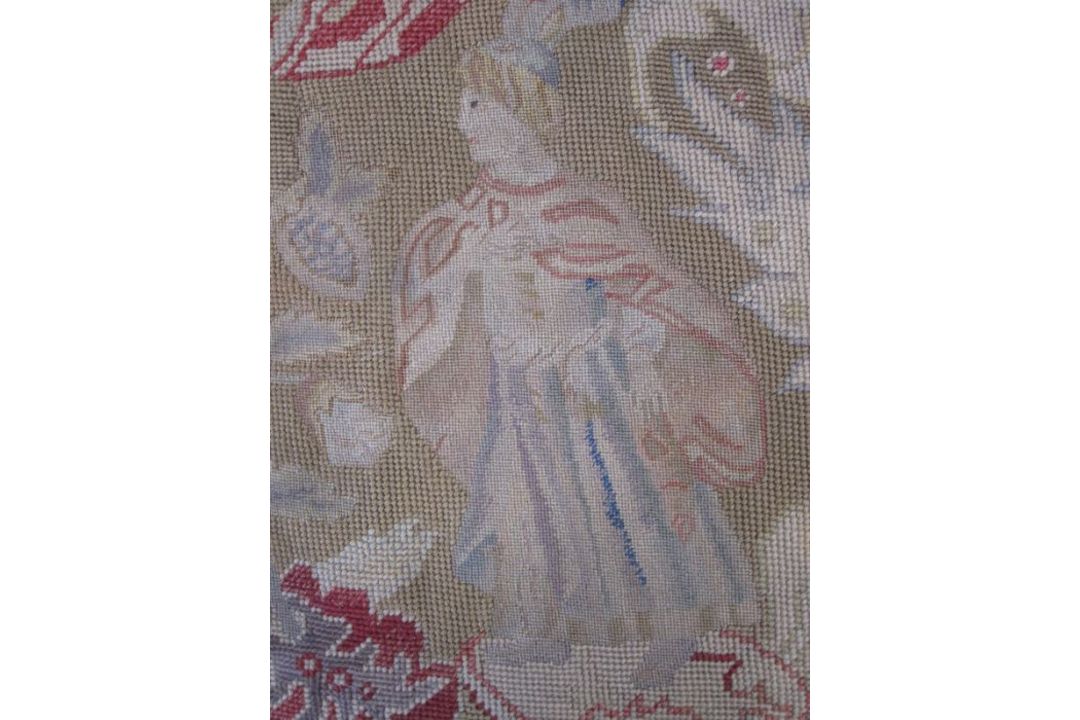 Mid-18th century antique needlepoint settee cover, depicting a noble lady and gentleman with two - Image 8 of 13
