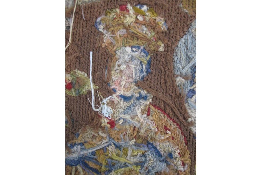 Mid-18th century antique needlepoint settee cover, depicting a noble lady and gentleman with two - Image 5 of 13