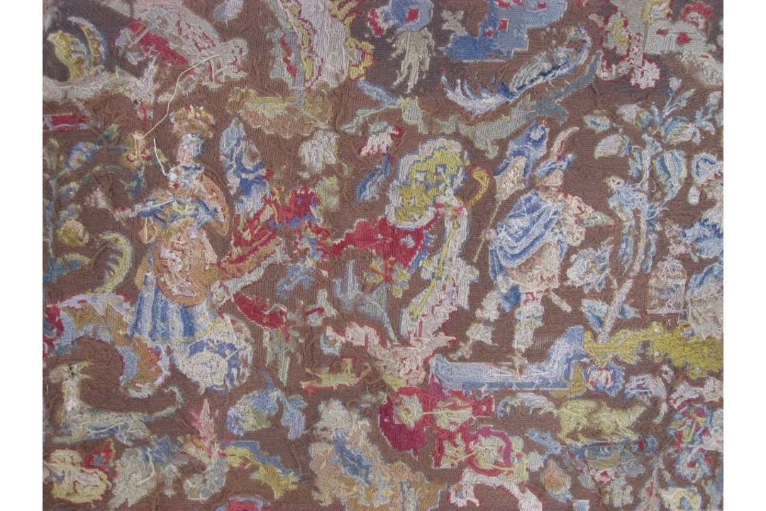 Mid-18th century antique needlepoint settee cover, depicting a noble lady and gentleman with two - Image 3 of 13