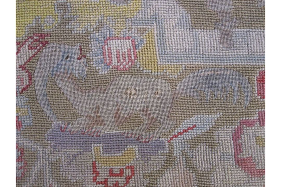 Mid-18th century antique needlepoint settee cover, depicting a noble lady and gentleman with two - Image 13 of 13