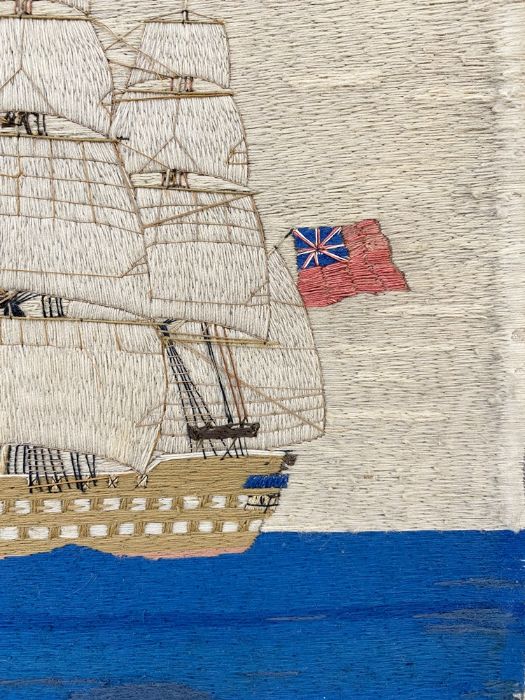 19th century mariner's woolwork picture showing a three-masted schooner in full sail, ensign - Image 5 of 9