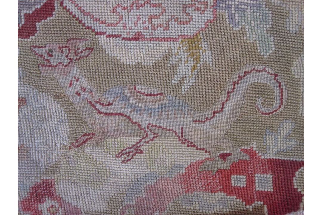 Mid-18th century antique needlepoint settee cover, depicting a noble lady and gentleman with two - Image 11 of 13