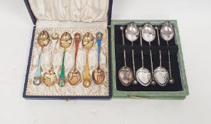 Set of six silver-gilt and coloured enamel souvenir spoons marked 'Denmark Sterling 925', in