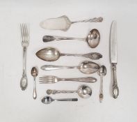 German silver fork, spoon and knife set, the knife silver-handled, foliate handles, initialled '