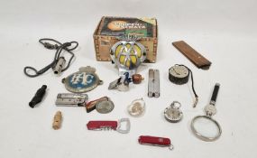 RAC motoring badge, AA motoring badge, folding ruler, penknife, volt meter, etc (1 box)