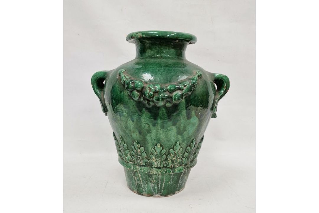 19th century French / Continental green glazed searthenware twin-handled pot with wreath and leaf - Image 1 of 6
