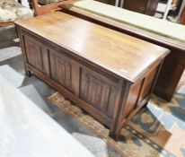 20th century oak coffer with three linenfold panels to front, height 51cm, length 105cm, depth 45cm
