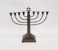1930's silver nine-branch menorah with Star of David with fluted column on a square stepped base,