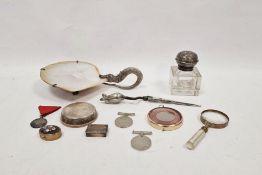 Handled tray with shell bowl and white metal handle, raised on three feet, a 1939-45 War medal