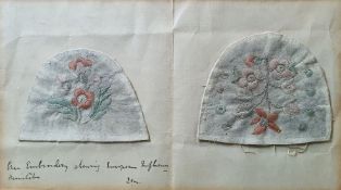 Two mounted needleworks, possibly moccasin tops, with pen inscription 'Cree Embroidery Showing