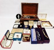 Mahogany writing box enclosing assorted costume jewellery, gold coloured chains, modern bracelets