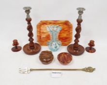 Murano style splatter glass vase, with frilled sides, pair of barley twist oak candlesticks,