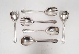 Two large and one small German silver salad server sets with engraved handles, all marked with