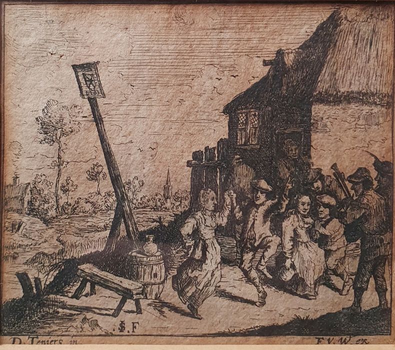 After D Teniers  Engraving  Dancing couple and another engraving  Beate Watercolour gouache  Study - Image 2 of 9