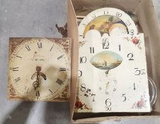 Five boxes of clock parts, cases and spares including three longcase examples, an unusual perspex