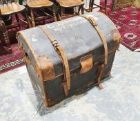 Domed top leather and canvas trunk with painted inscription to top ' G Jardine Nottingham' on wooden