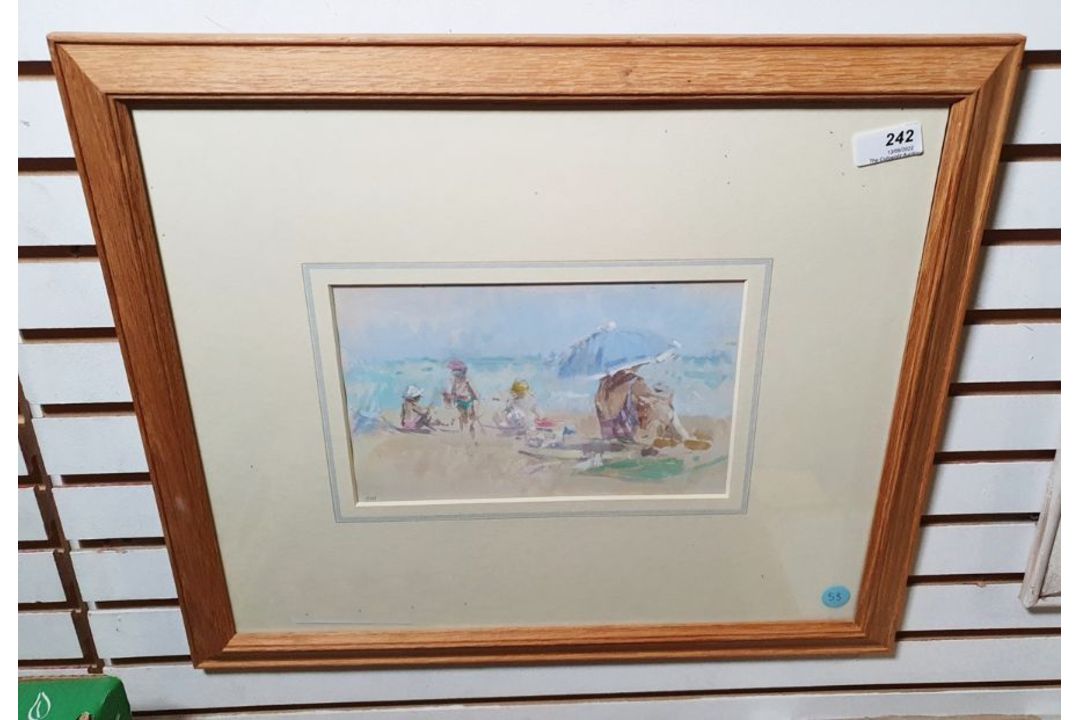 20th century school Watercolour Figures on beach, indistinctly initialled lower left, 14cm x 23cm - Image 2 of 3
