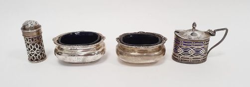 Pair Victorian silver salts, oval with gadrooned everted rim, blue glass liners, initialled,