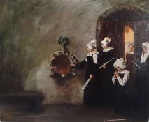 20th century Dutch school  Oil on board  Figures by fountain, initialled E 1917 lower left, 22cm x