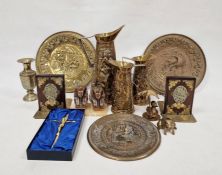 Quantity of brass items to include plates, jugs, vases, bookends, fireside companion items,