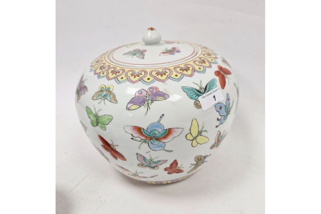 20th century lidded ovoid pot in the Chinese taste, decorated with butterflies and two ginger - Image 3 of 6