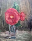 Carl Weidemeyer (1882-1976)  Oil on board Still life, two red camellias in vase, signed top left and