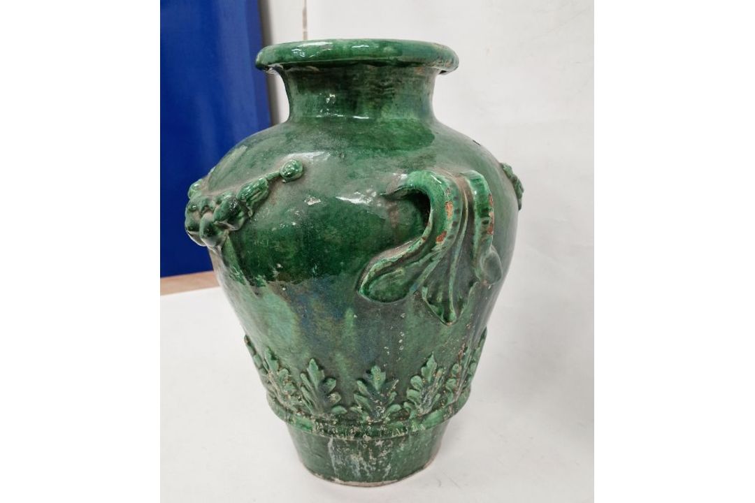 19th century French / Continental green glazed searthenware twin-handled pot with wreath and leaf - Image 2 of 6