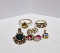 Collection of silver jewellery to include two gemstone rings, gemstone pendants and earrings