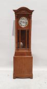Mid 20th century grandmother clock with Westminter chime in light oak case, the dished dial with