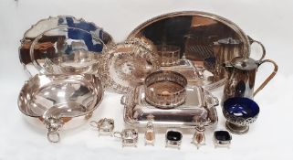 EPNS entree dish, EPNS bread stand with wooden liner, EPNS two-handled tray and sundry plate (1 box)