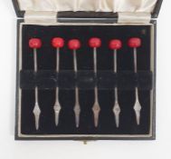 Set of six Edward VIII bean-topped cocktail sticks, Sheffield 1936, maker Viners, in case