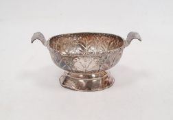 19th century Malaysian silver miniature two-handled bowl, oval-shaped on pedestal base, leaf
