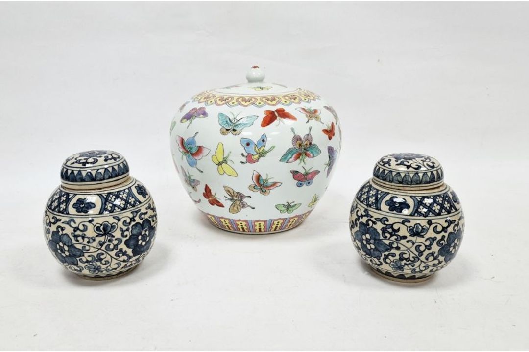 20th century lidded ovoid pot in the Chinese taste, decorated with butterflies and two ginger - Image 1 of 6