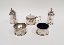 George V silver five-piece condiment set with pair cylindrical salts, pepperettews and mustard,