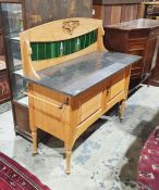 Pine and marble topped washstand with tiled backsplash, over two cupboard doors on turned legs and