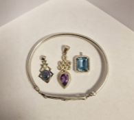 Silver Celtic-style gemstone bangle and three gemstone pendants